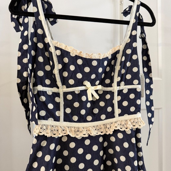 NWT XS For Love & Lemons Dolly Denim Navy Polka Dot Mini Dress Tie Lace Trim